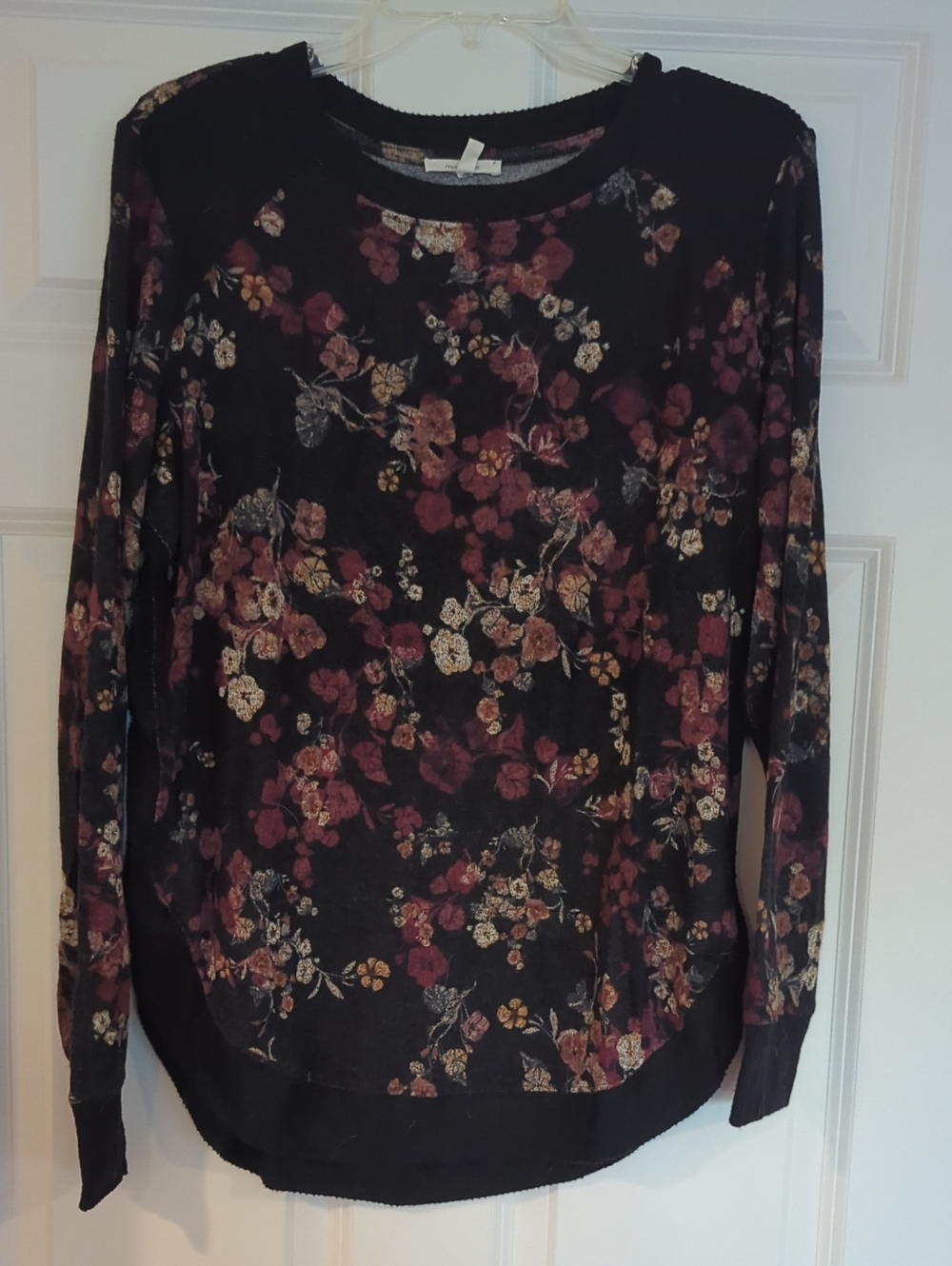 Maurices Black Long-Sleeve Floral Crewneck Top with Burgundy and Cream Accents